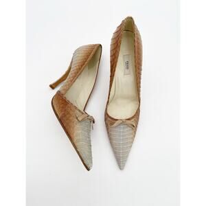 Prada Vintage Teal Brown Ombre Python Snakeskin Pointed Toe Bow Pump Heel IT 38